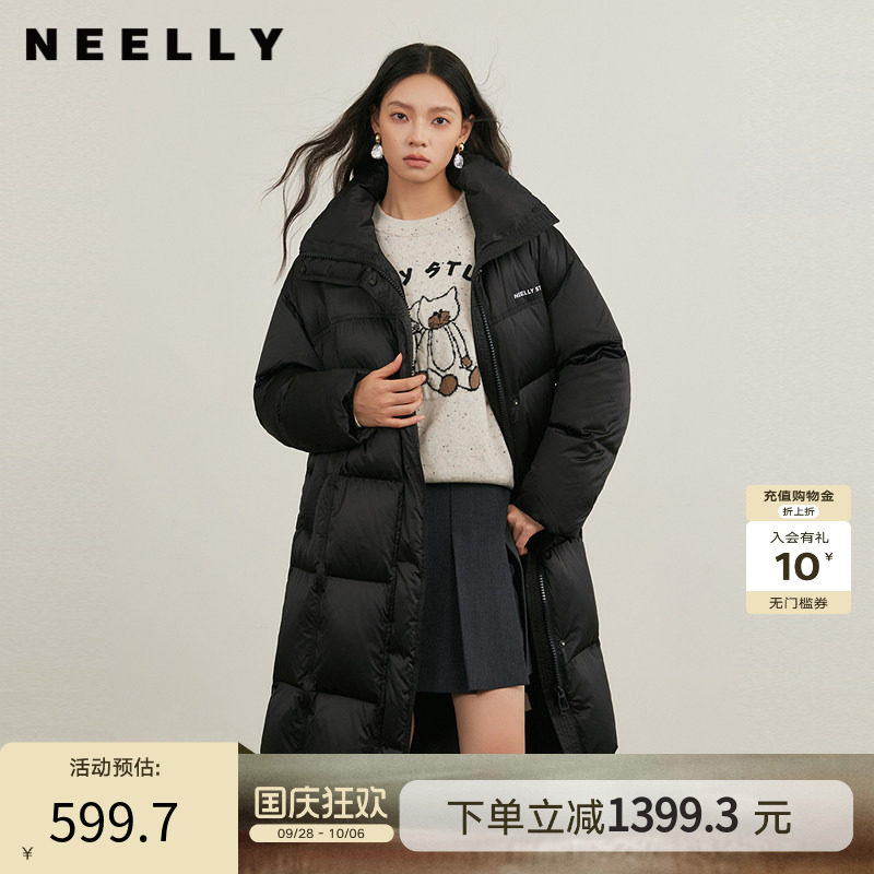 NEELLY纳俪商场同款冬新款气质直筒羽绒服女长款加厚保暖连帽外套