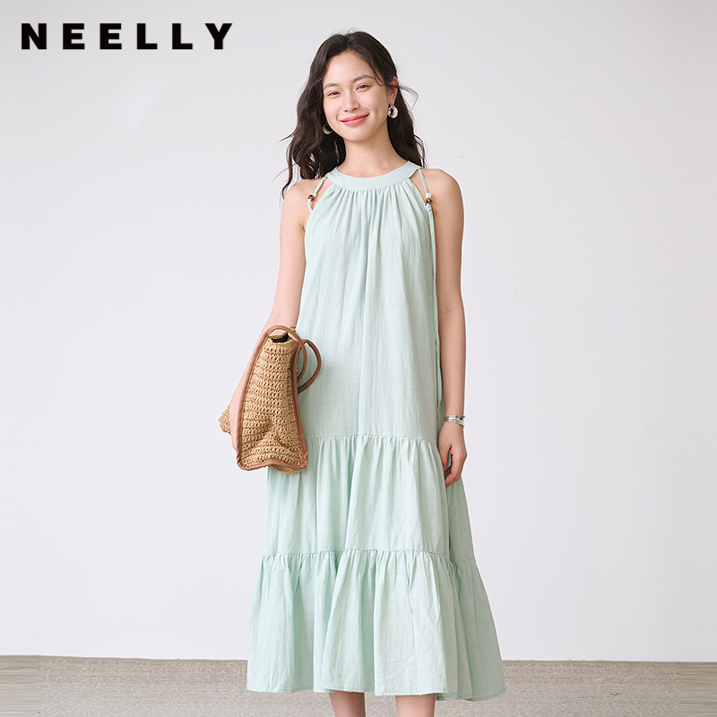 NEELLY纳俪商场同款夏季新款清新奶蓝挂脖连衣裙女减龄出游A字裙