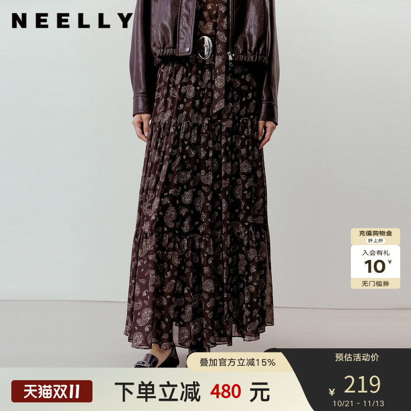 NEELLY纳俪商场同款秋新款时尚复古简约印花半身裙女优雅休闲长裙