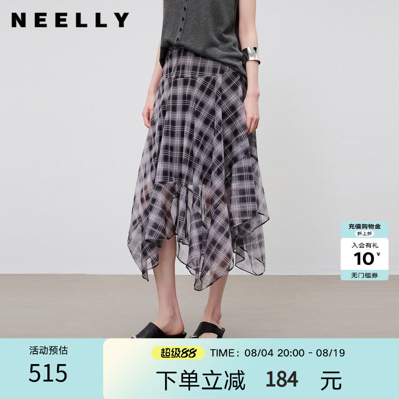 NEELLY纳俪商场同款夏新款设计感不规则格纹雪纺裙女百搭休闲半裙