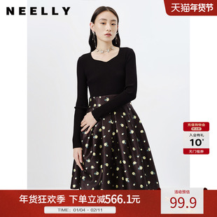 NEELLY纳俪秋冬新款针织拼接连衣裙女韩版碎花A字中长款打底裙