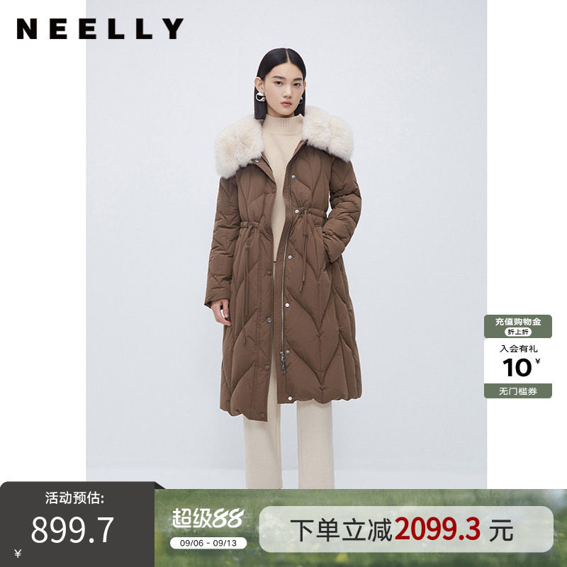 NEELLY纳俪商场同款冬新款狐狸毛领羽绒服气质收腰中长款羽绒大衣