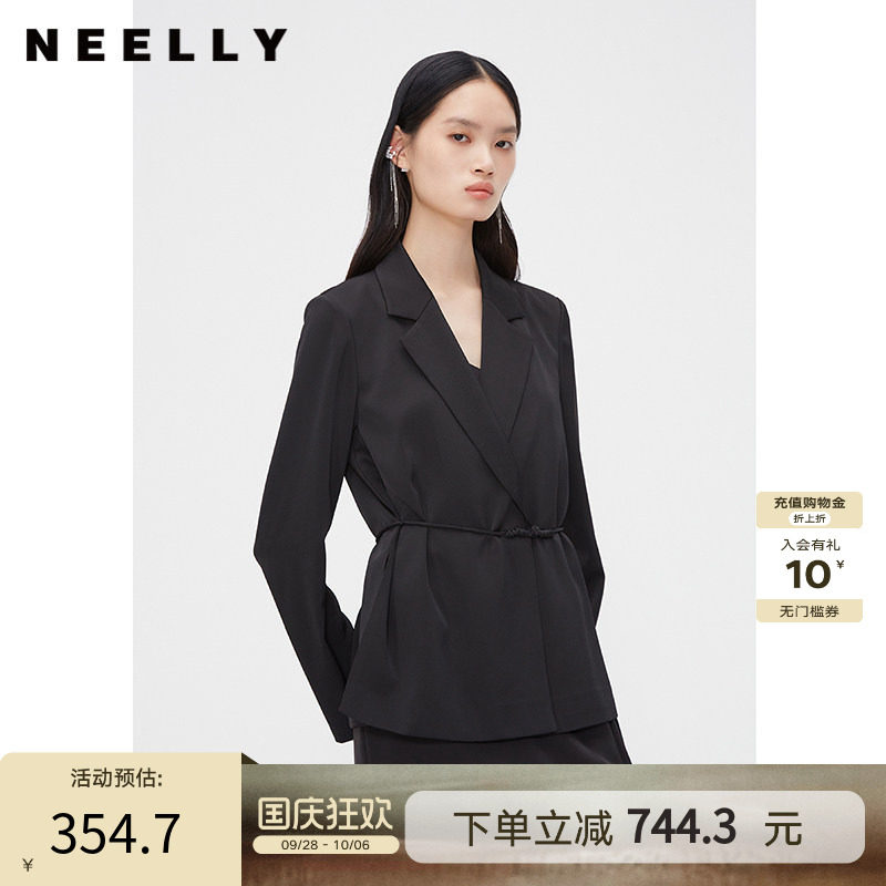 NEELLY纳俪商场同款夏季新款复古国风盘扣西装外套女优雅系带上衣