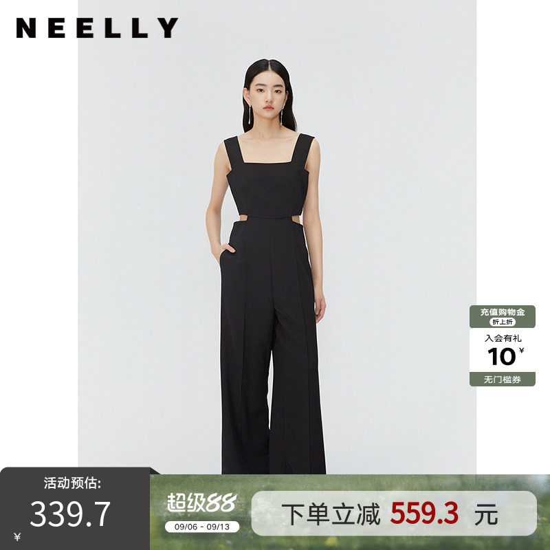 NEELLY纳俪商场同款夏新款黑色无袖镂空高腰连体裤女直筒垂感长裤