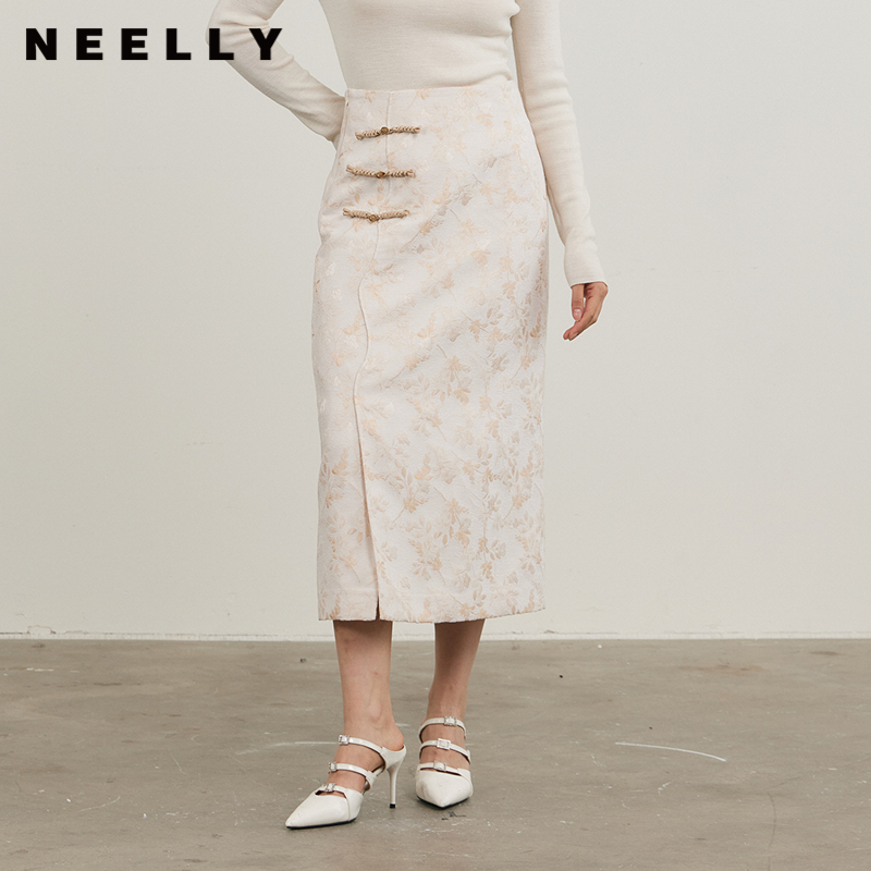 NEELLY纳俪商场同款冬季新款高腰复古提花半身裙女气质古典半裙