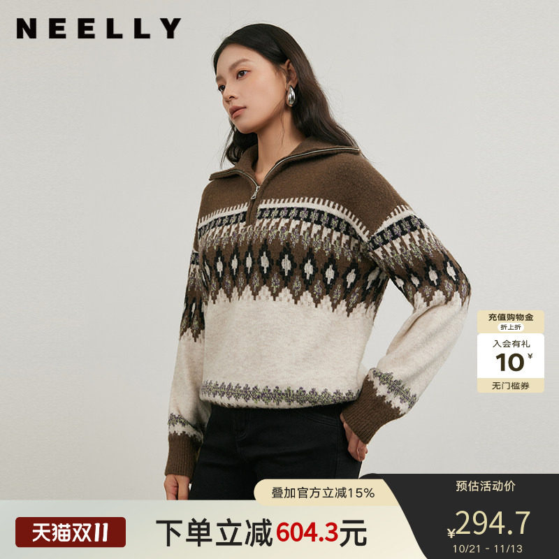 NEELLY纳俪商场同款冬新款polo领条纹针织衫女软糯百搭费尔岛毛衣