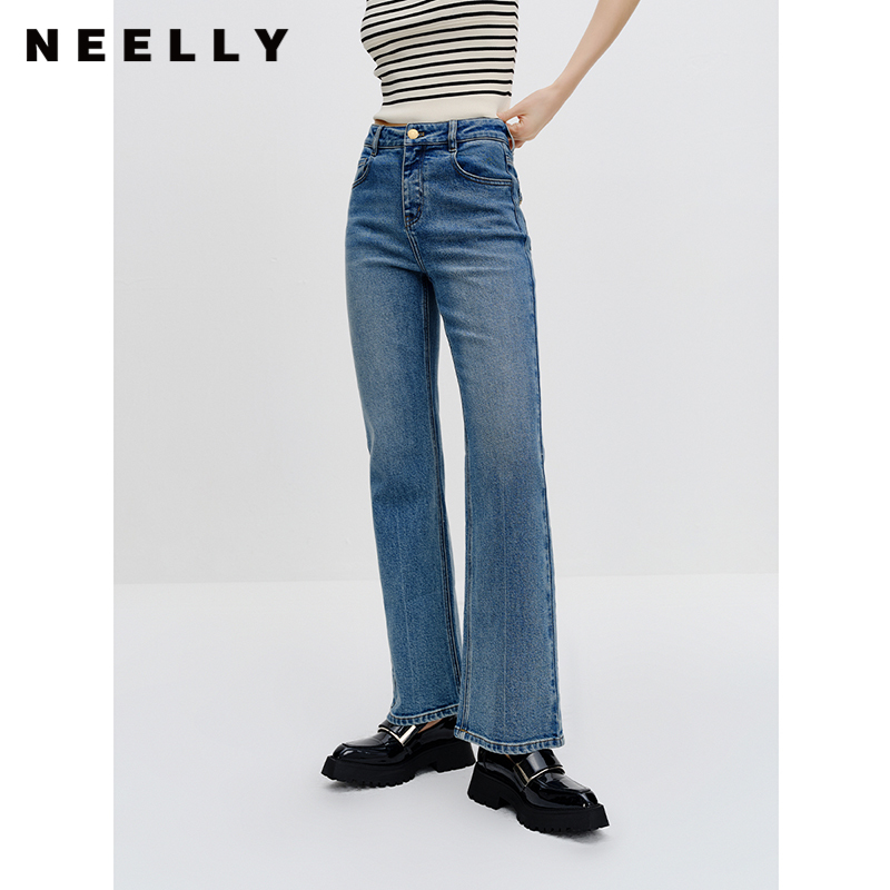 NEELLY纳俪蓝色显瘦直筒裤秋新款百搭水洗牛仔裤女长裤显瘦显腿长