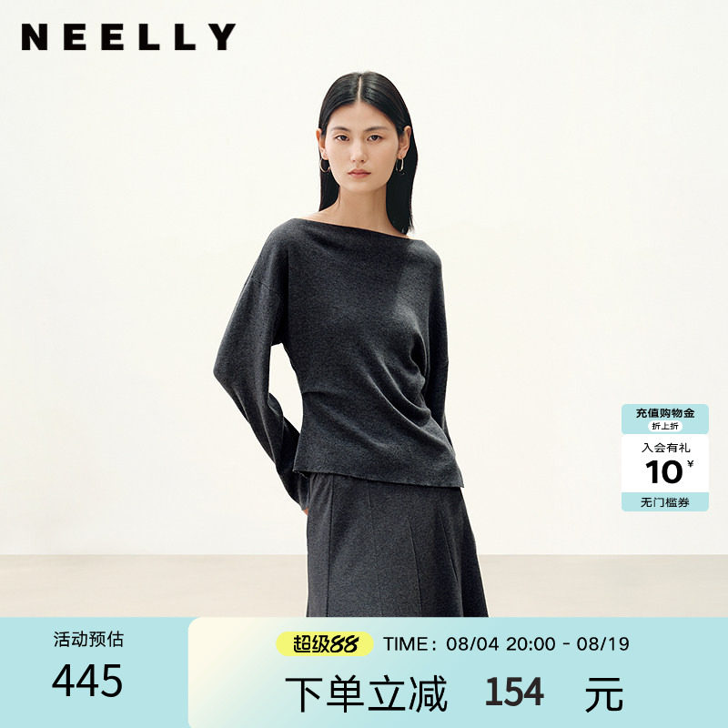 NEELLY纳俪商场同款秋季新款一字肩蝙蝠袖上衣女显瘦软糯针织衫