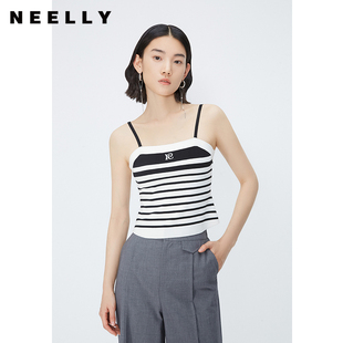 NEELLY纳俪商场同款 细肩带刺绣条纹拼色针织打底外穿背心 夏季 新款