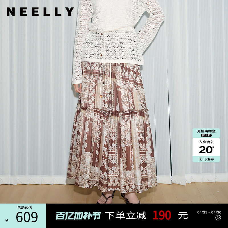 NEELLY纳俪商场同款春季新款波西米亚风休闲半身裙女百搭舒适长裙
