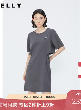 NEELLY纳俪商场同款灰色高级感卫衣裙女休闲镂空收腰中长款连衣裙