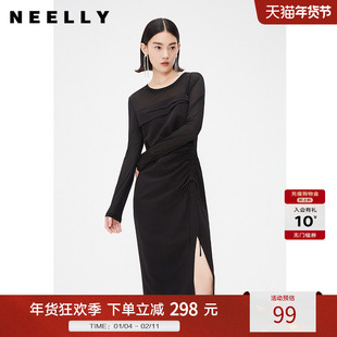 NEELLY纳俪商场同款秋新款黑色抽褶显瘦连衣裙女修身开叉长袖长裙