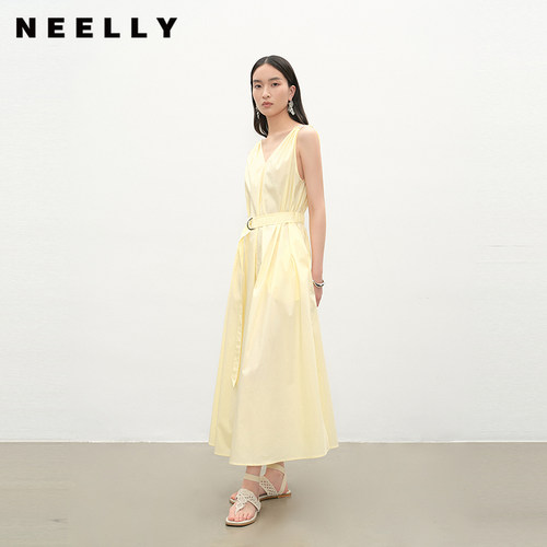 NEELLY纳俪商场同款夏季新款法式V领收腰连衣裙女亮眼优雅长裙
