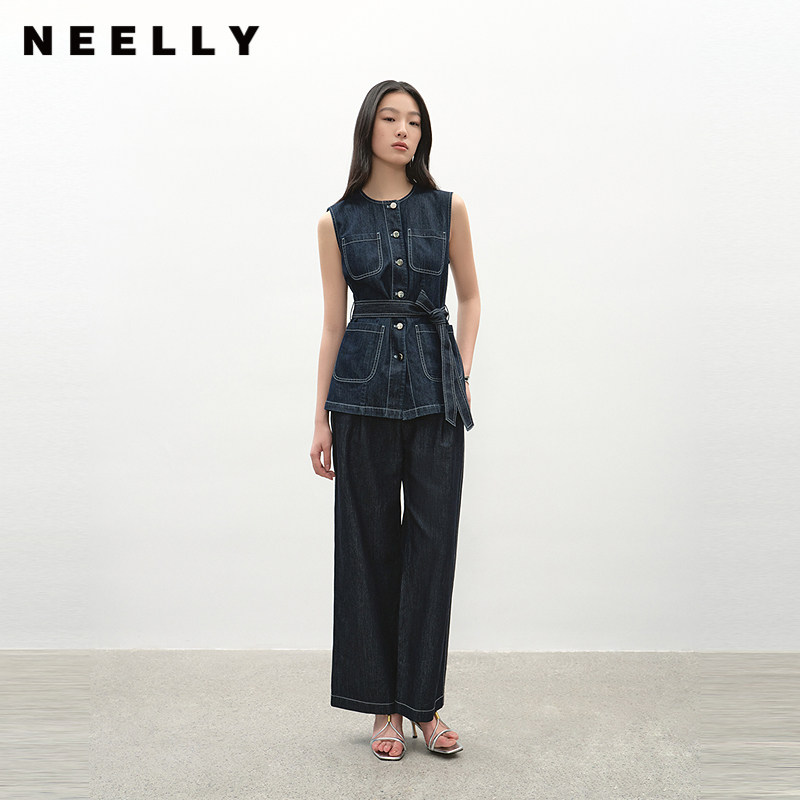 NEELLY纳俪商场同款夏新款时尚收腰马甲牛仔两件套女通勤气质套装