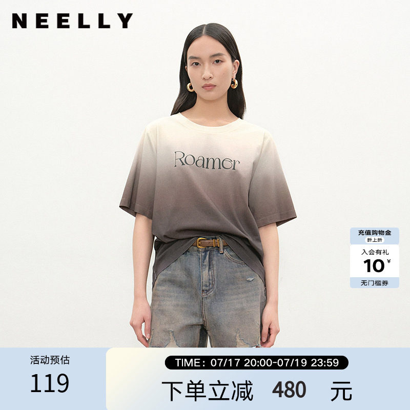 NEELLY纳俪商场同款夏季新款时尚渐变短袖字母T恤女圆领个性上衣