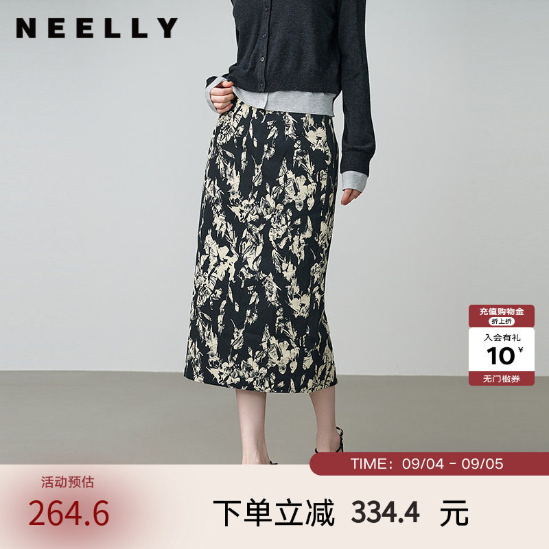 NEELLY纳俪春秋新款商场同款气质花卉设计感半身裙女显瘦休闲长裙