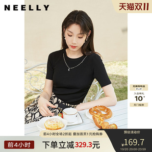 NEELLY纳俪商场同款夏季新款黑色针织衫女圆领百搭短袖修身套头衫