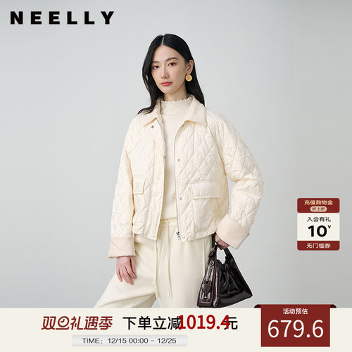 NEELLY纳俪商场同款冬季新款轻薄白鸭绒翻领短款毛领羽绒服外套女