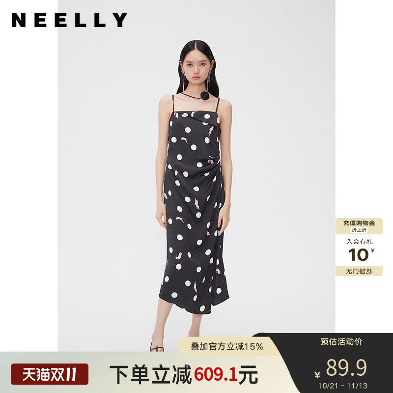 NEELLY纳俪商场同款春秋波点捏褶吊带连衣裙女设计感开叉中长裙