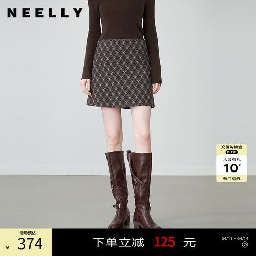 NEELLY纳俪商场同款春季新款复古百搭格纹短裙女慵懒显瘦A字裙