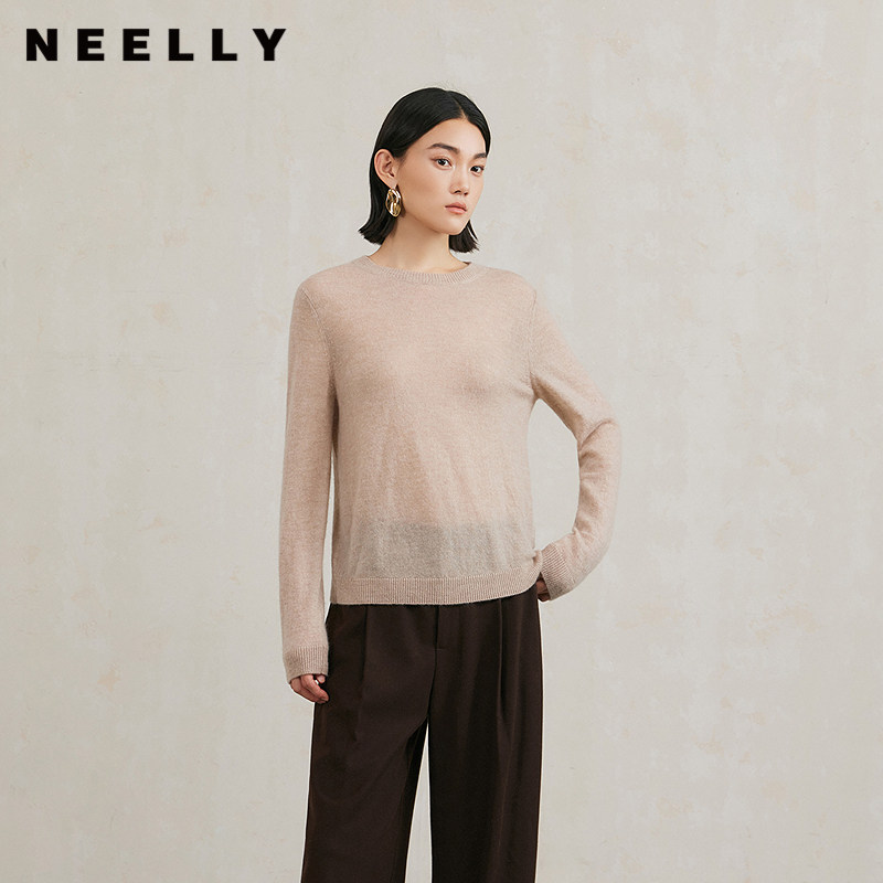 NEELLY纳俪商场同款冬季新款山羊绒圆领套头针织衫女通勤打底毛衣