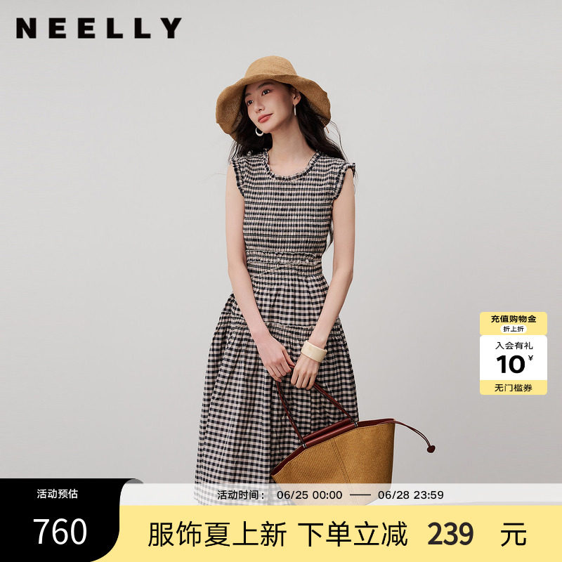 NEELLY纳俪商场同款夏新款复古黑白格连衣裙女无袖修身木耳边长裙