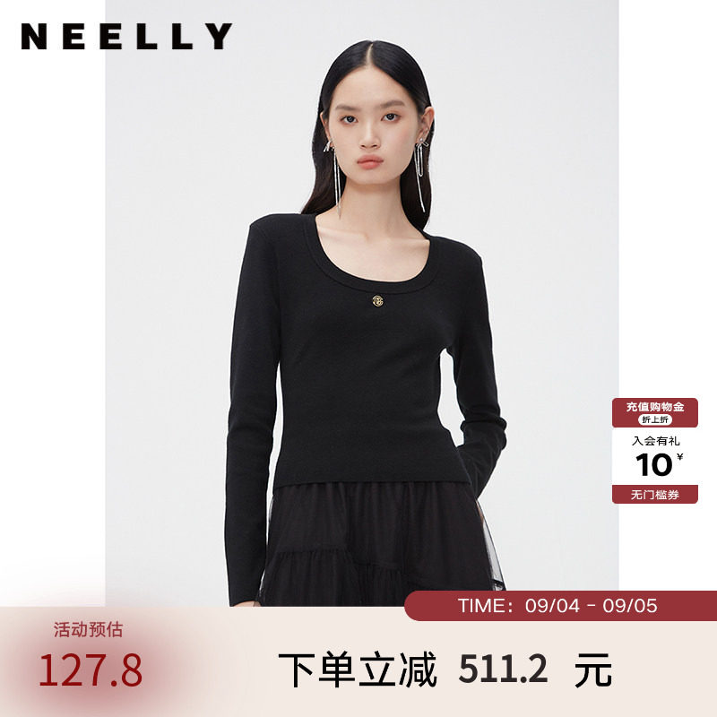 NEELLY纳俪商场同款春秋新款圆领修身纯色打底针织衫女显瘦羊毛衫