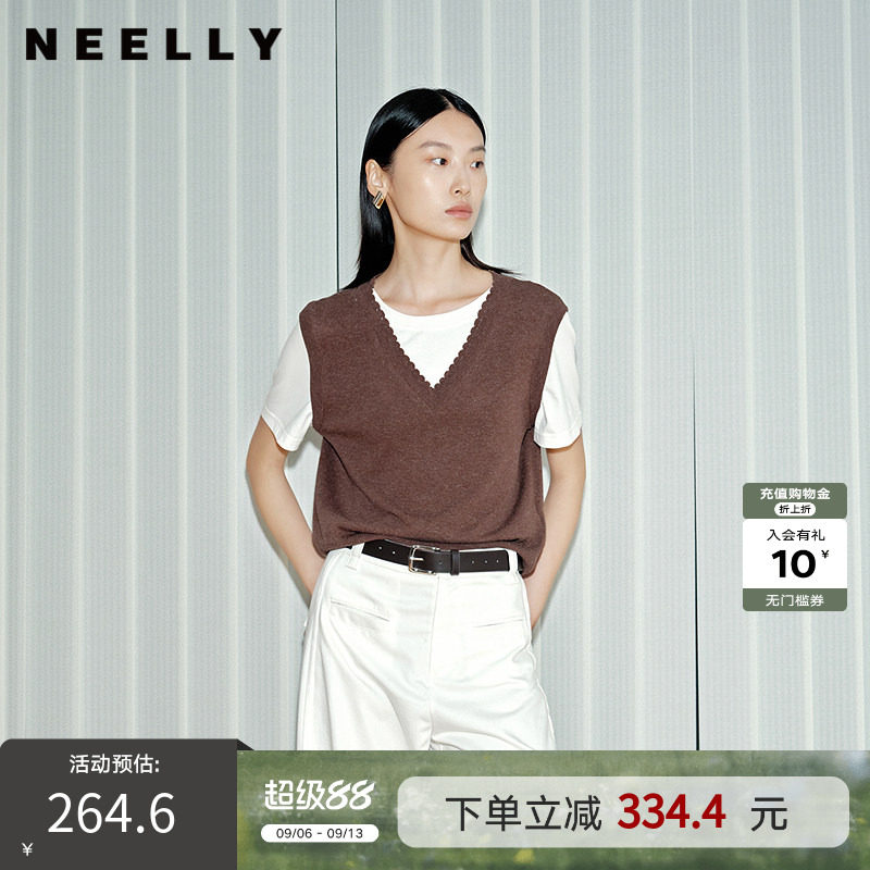 NEELLY纳俪商场同款春秋新款假两件休闲针织衫女百搭基础款上衣