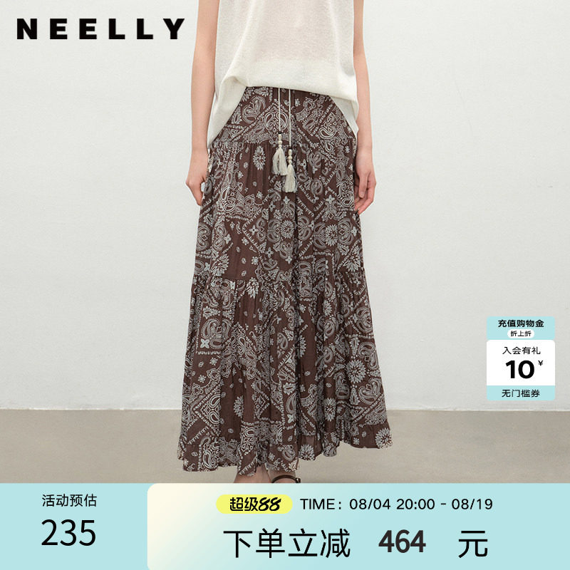 NEELLY纳俪商场同款夏季新款复古休闲半身裙女高腰透气舒适A字裙