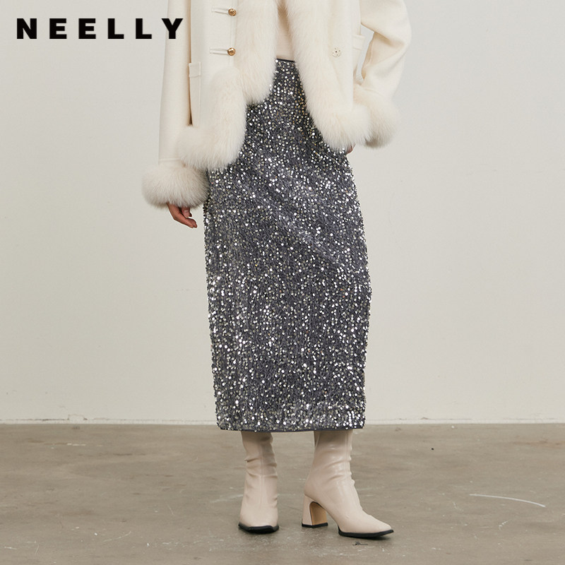 NEELLY纳俪商场同款冬新款银色鎏光亮片直筒半身裙女显瘦通勤半裙