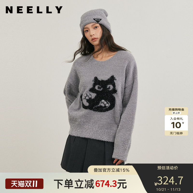 NEELLY纳俪商场同款冬新款减龄小猫撞色针织衫女软糯舒适套头毛衣