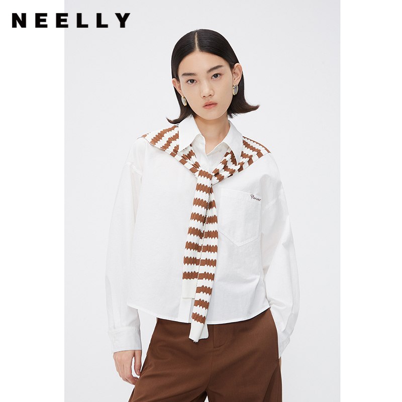 NEELLY纳俪商场同款秋款披肩设计感衬衫女小众韩版宽松简约短衬衣