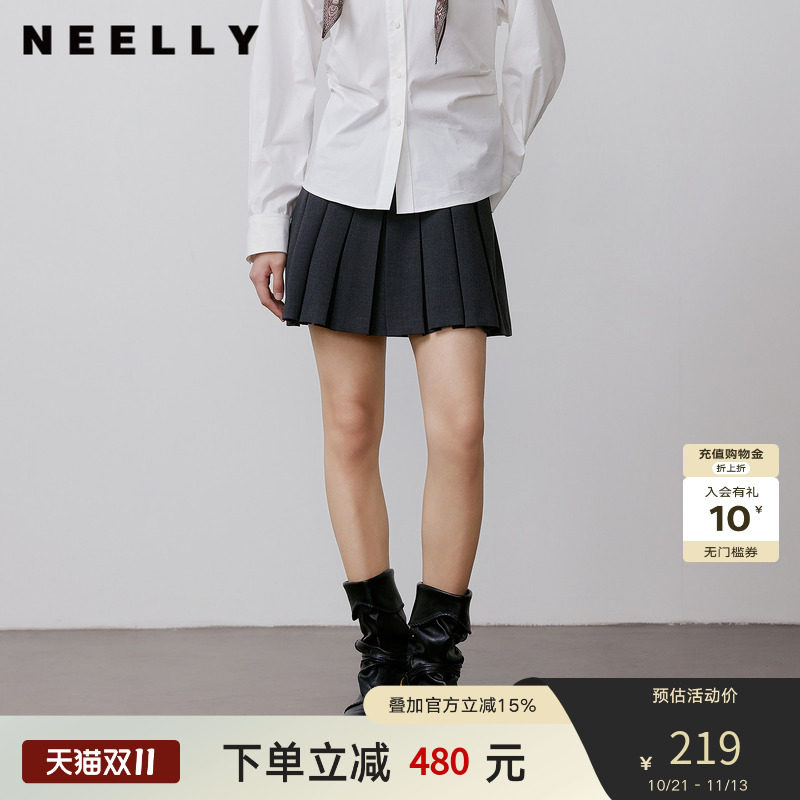 NEELLY纳俪商场同款秋季新款经典学院风减龄百褶裙女气质百搭短裙