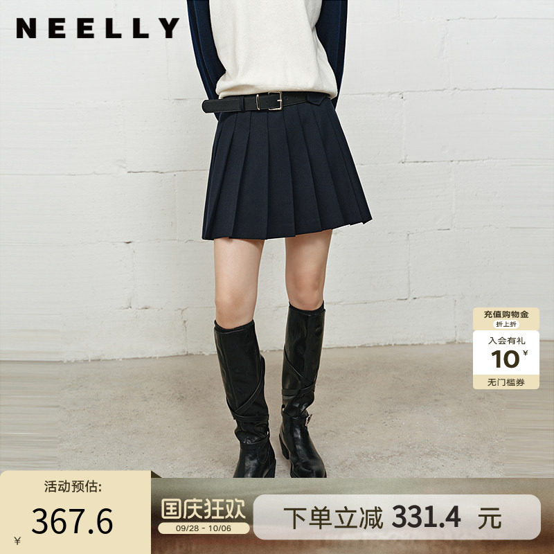 NEELLY纳俪商场同款冬季新款高腰显瘦百褶裙女学院风时髦百搭短裙