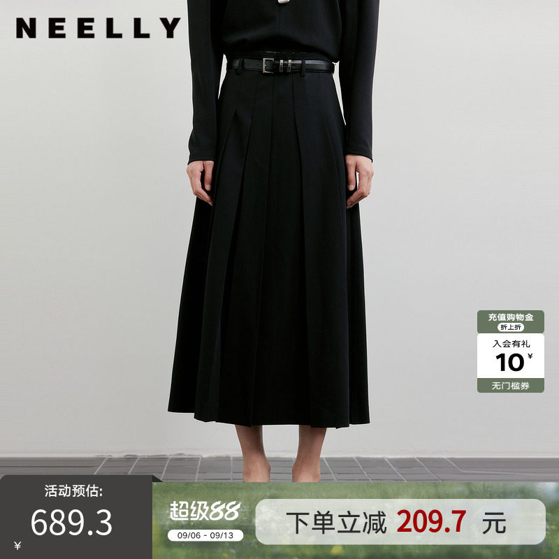 NEELLY纳俪商场同款秋新款时尚优雅百褶半身裙女收腰显瘦A字长裙