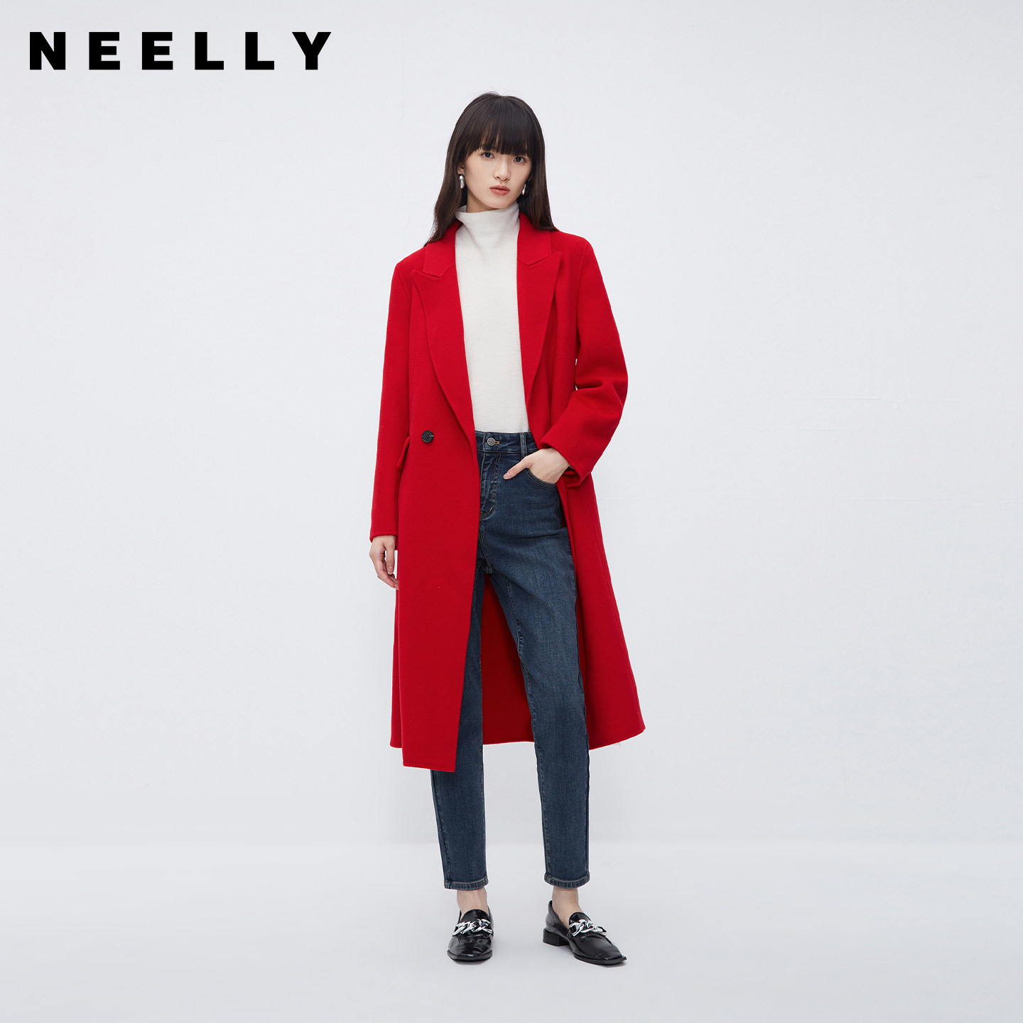 NEELLY纳俪商场同款双面呢外套女冬过膝中长款气质通勤西装式大衣