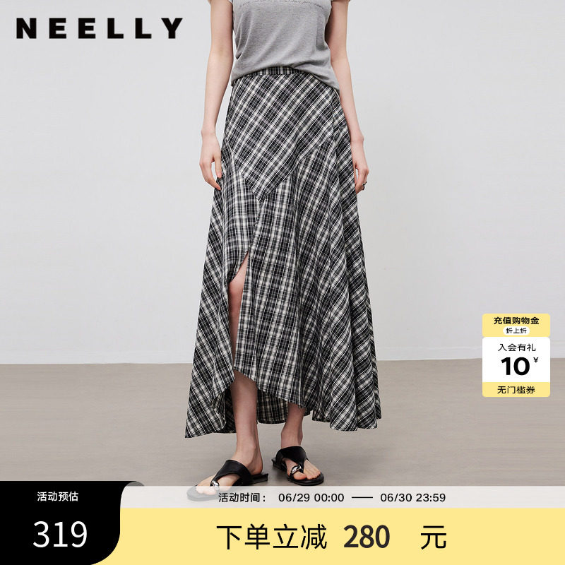 NEELLY纳俪商场同款夏新款不规则格纹开衩半裙女复古感大摆中长裙