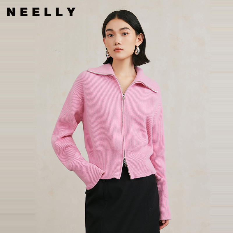 NEELLY纳俪商场同款冬新款绵羊毛拉链翻领针织开衫女修身显白上衣