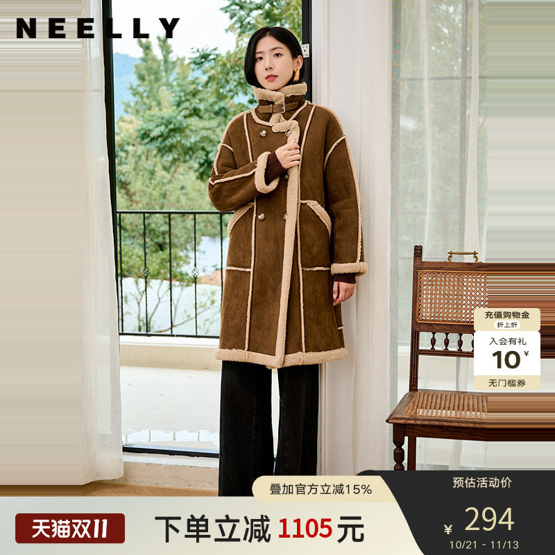 NEELLY纳俪商场同款冬季新款复古美拉德麂皮绒保暖外套女长款大衣