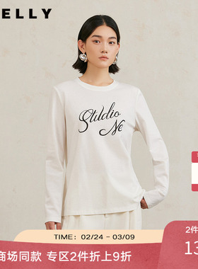 NEELLY纳俪商场同款冬季新款白色T恤女字母印花宽松圆领百搭显瘦