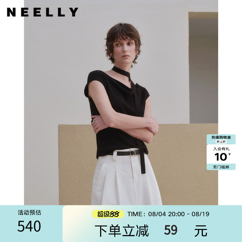 NEELLY纳俪商场同款夏季新款时尚挂脖飘带针织衫女修身显瘦上衣