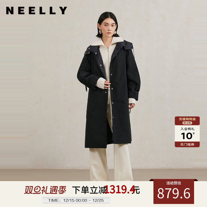 NEELLY纳俪商场同款冬季新款宽松立领连帽长款羽绒服女黑色通勤