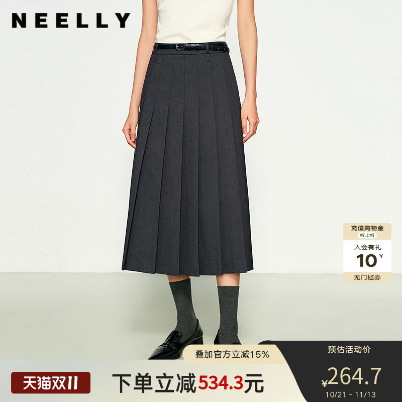 NEELLY纳俪商场同款春新款经典时尚百褶裙女高腰垂感中长款半身裙