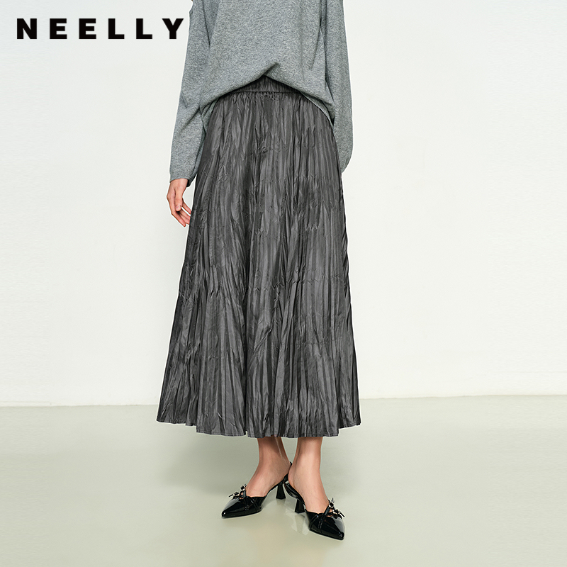 NEELLY纳俪商场同款秋冬新款百搭通勤简约百褶半身裙女气质长裙