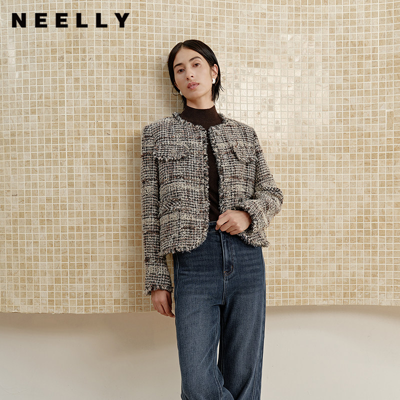 NEELLY纳俪商场同款冬季新款粗花呢圆领小香风外套女复古通勤上衣