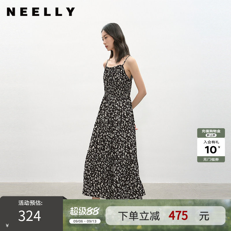 NEELLY纳俪商场同款夏季新款减龄俏皮碎花吊带连衣裙女收腰中长裙
