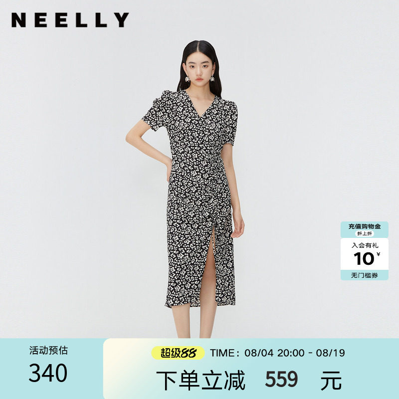 NEELLY纳俪商场同款春季新款法式复古碎花茶歇裙女修身开衩长裙