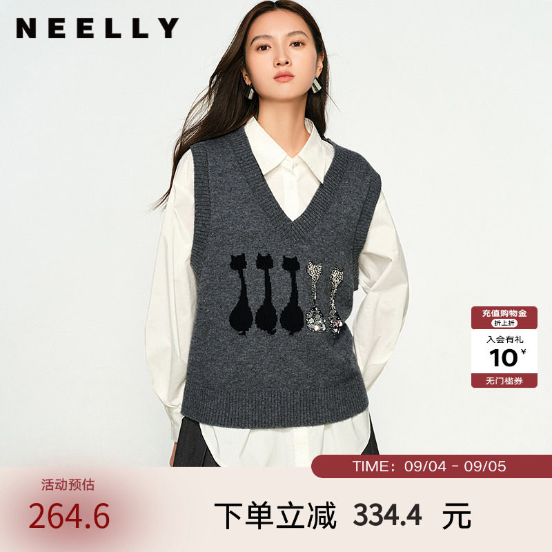 NEELLY纳俪商场同款春秋新款V领显瘦针织马甲背心女复古百搭毛衣