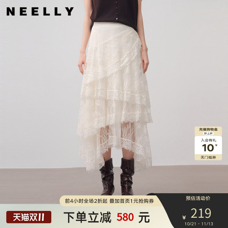 NEELLY纳俪商场同款秋新款不规则蕾丝半身裙女百搭显瘦飘逸A字裙