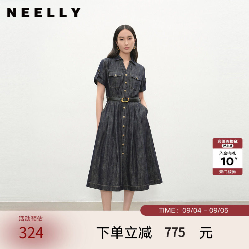 NEELLY纳俪商场同款夏季新款复古休闲牛仔连衣裙女慵懒收腰长裙图片
